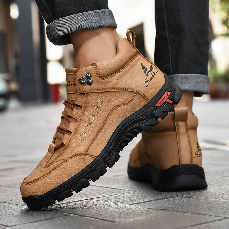 Men's High-Top Round-Toe Fashion Boots Lace-Up Outdoor Hiking Shoes Spring/Fall Thick-Sole Casual Oversized Men's Shoes