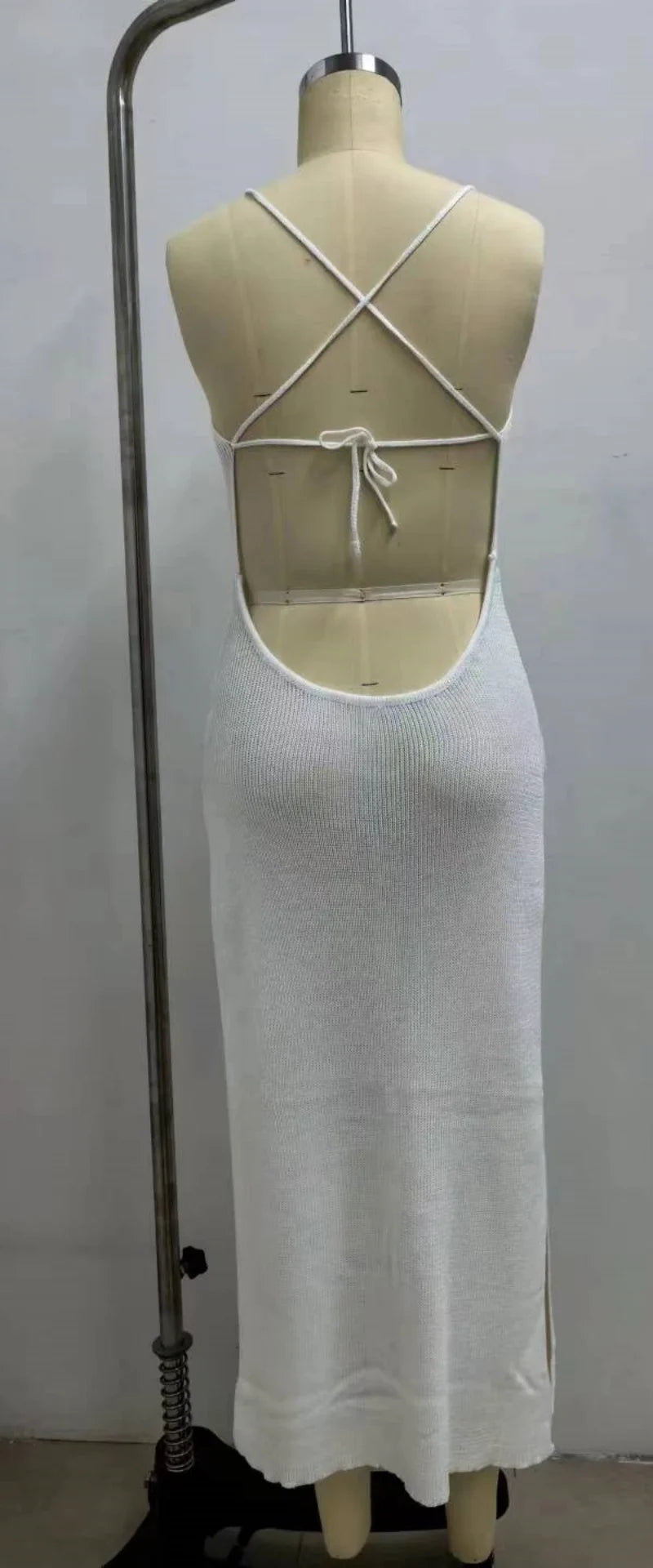 Summer Beach Dress High Split Solid Color Vacation Dress Sexy Knit Backless Halter Dress Elegant Sleeveless Bodycon Tie-up Dress