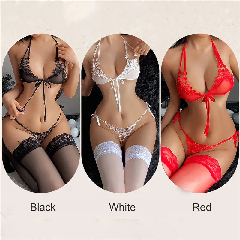 New Sexy Lingerie Fancy Porn Bra Set Woman 2 Pieces Transparent Women's Lace Panties Erotic Beautiful Bra And Thong Set