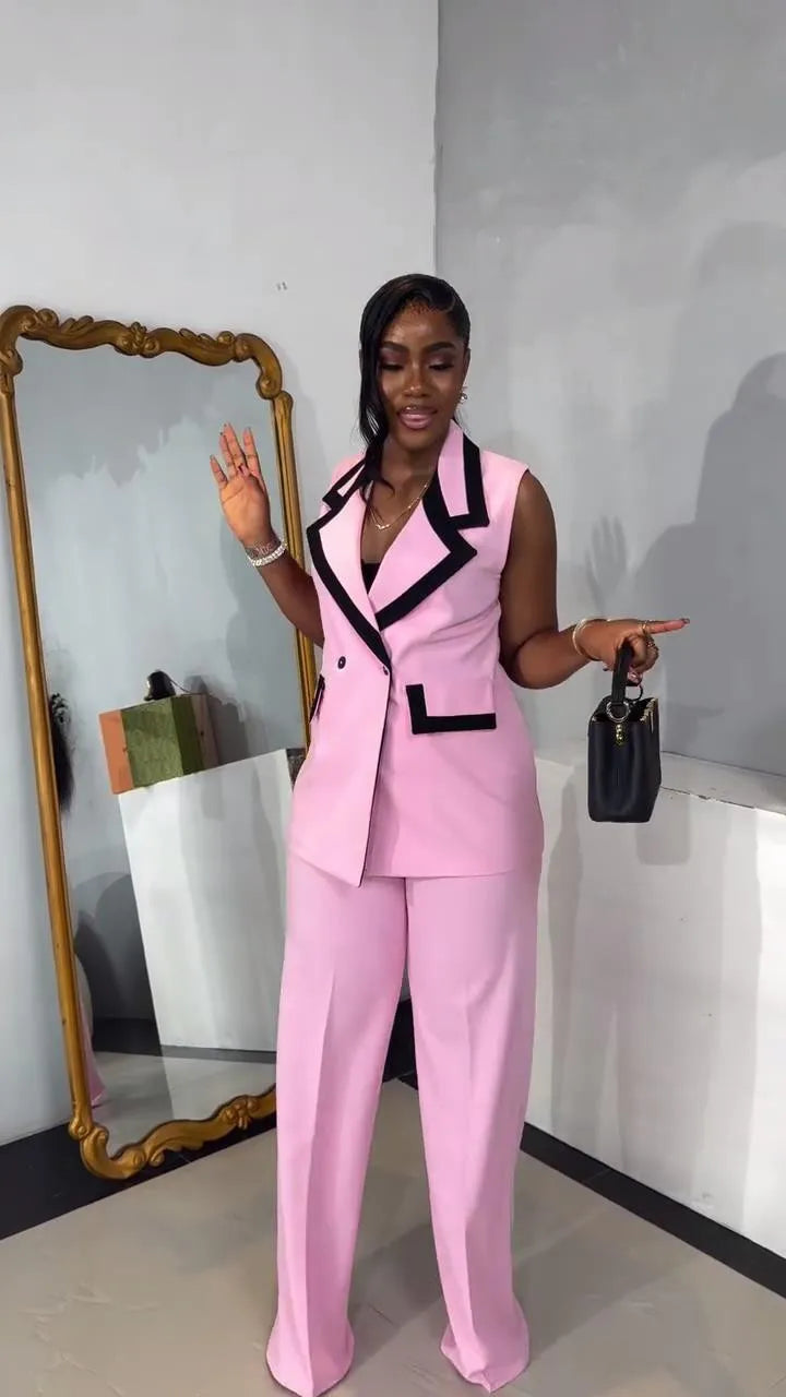 Pants Set Women Two Piece Sets Matching Sets Work Elegant Double Breasted Tops Vest Wide Leg Long Pants High Waist Y2k Pink