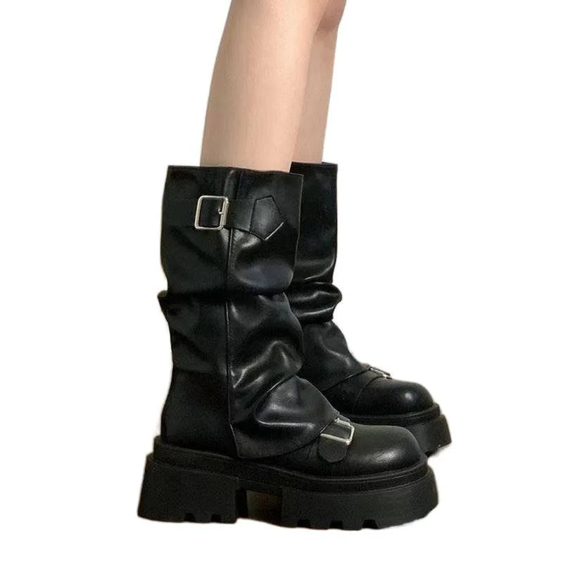 Shoes for Women  Mid-Calf Women's Boots Platform Modern Boots Women Belt Buckle Square Toe Side Zip Square Heel Shoes Female