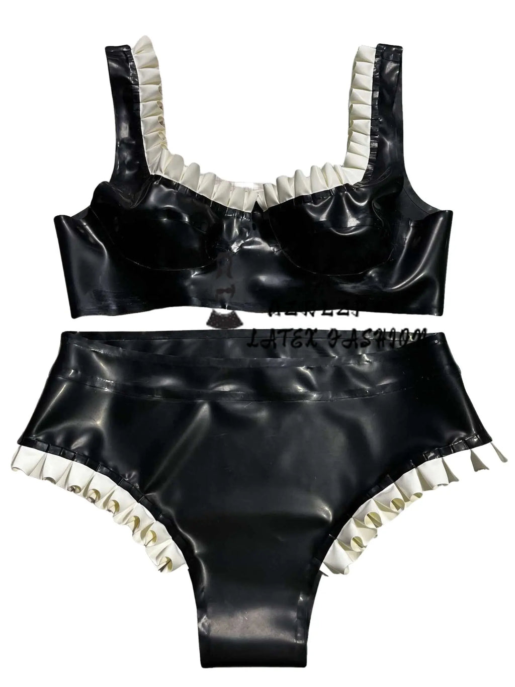 Women's Latex Wireless Bra and Panty Set with Ruffle Trim.