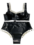 Women's Latex Wireless Bra and Panty Set with Ruffle Trim.