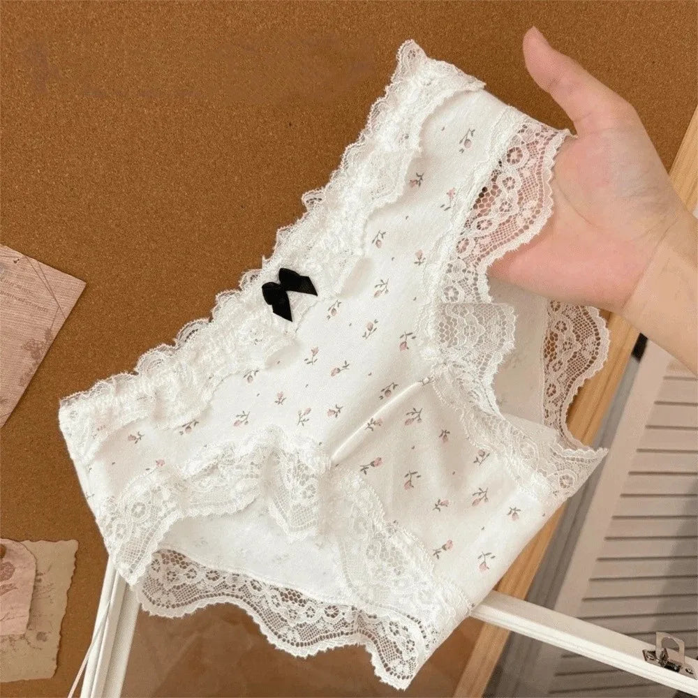 Lingerie Mid Waist Sweet Lace Panties Tulip Bow Underwear for Women Polka Dot Grid Floral Cotton Pnaties Female