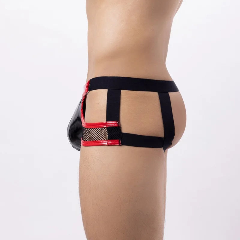 Lingerie Men Briefs Thong G-string String Homme PU Leather Mesh Patchwork Latex Panties Jockstrap Exotic Open Butt Gay Boxers