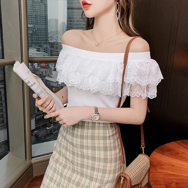 Sexy Ladies Tops Summer Blouse for Women 2024 Blusas Mujer De Moda Patchwork Lace Ruffles Blouses Tunic Sweet Knitted Shirts