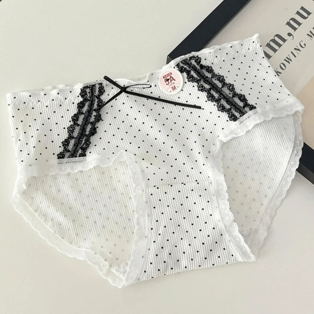 Lingerie Mid-waist Underwear for Women Ruffle Stripe Sweet Cotton Panties Underpants Dots Bow Briefs Girl