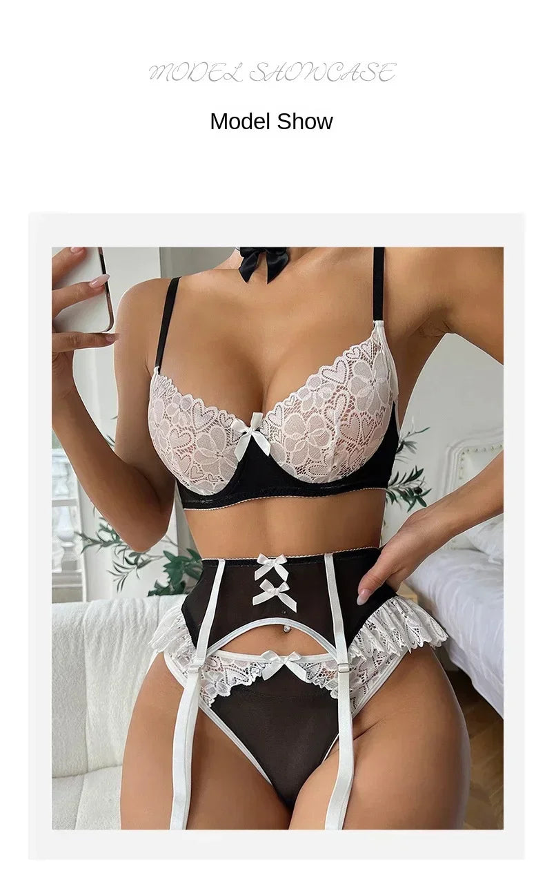 Pink Lace Bra and Panties with Garter Set Women's Sexy Lingerie Underwear See Through Erotic Porn Babydoll Clothes