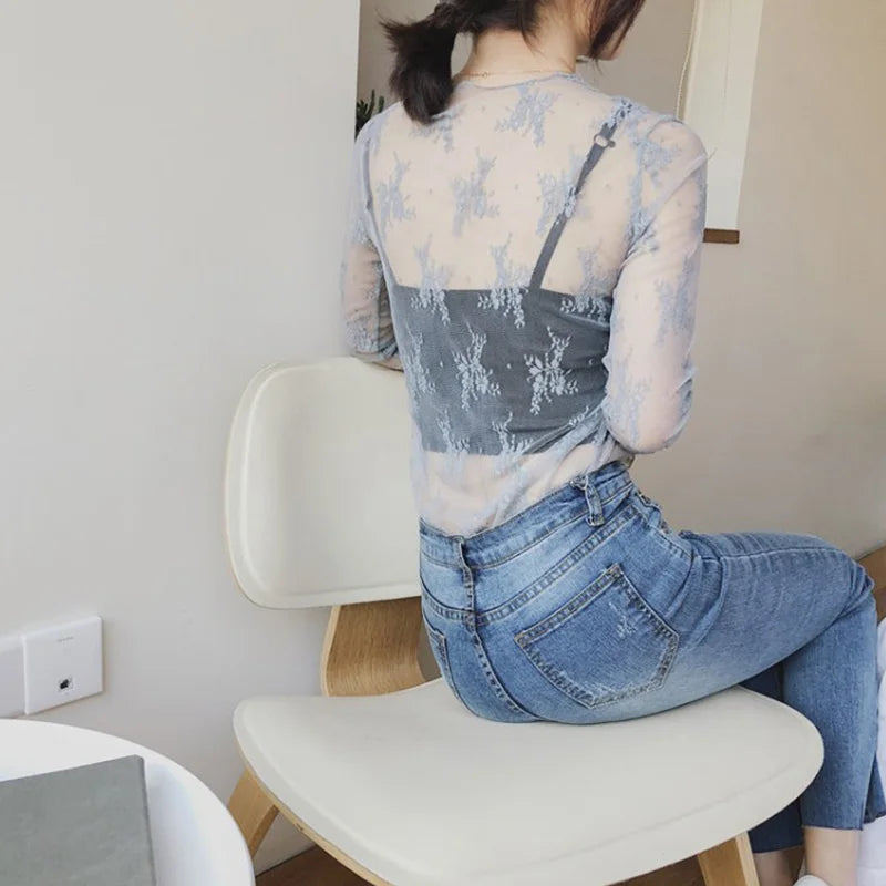 Summer Women Lace Floral Embroidery Blouses Shirt Ladies tops Sexy mesh Blouses Transparent Elegant See-through Black Shirt
