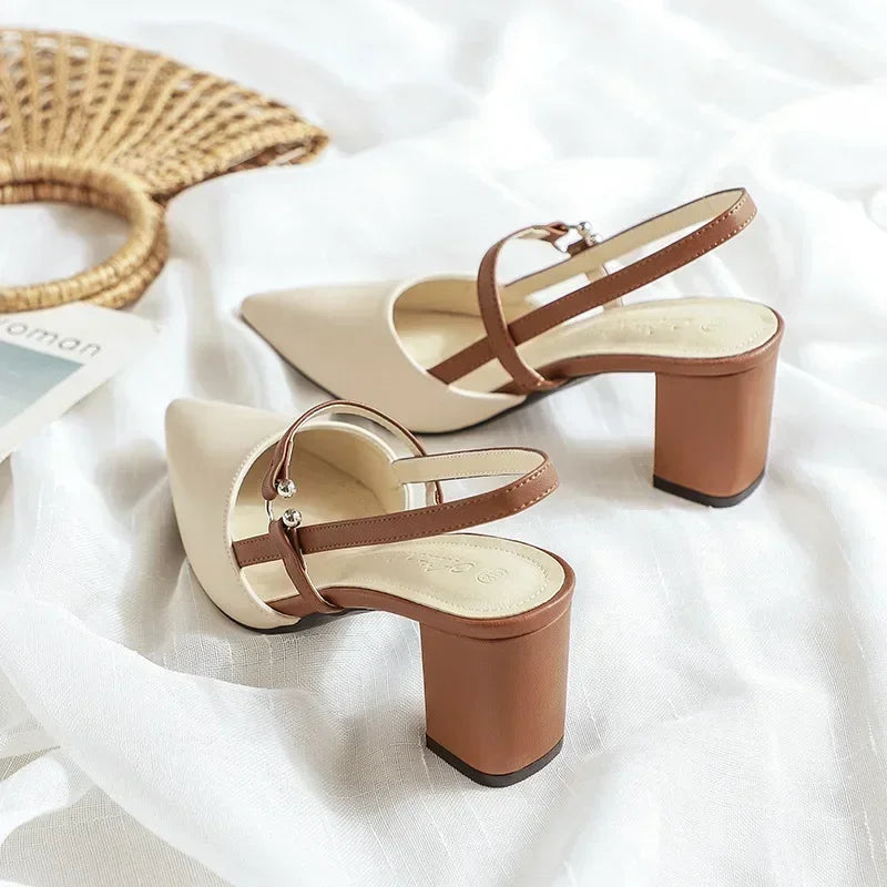 Shoes for Pumps Summer Elegant Chunky High Heels Pointed Toe Baotou Solid Ladies Shoes  Female Sandals Zapatillas Mujer 2024