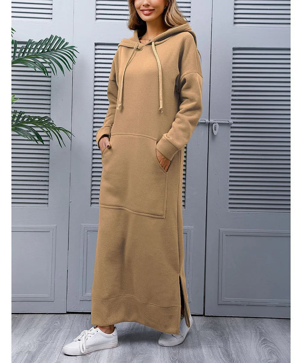 Hoodies Dress For Women Fashion 2025 Hem Lace-up Midi Robe Hooded Long Dress Autumn Winter Warm Casual Loose Sweatshirt Vestidos