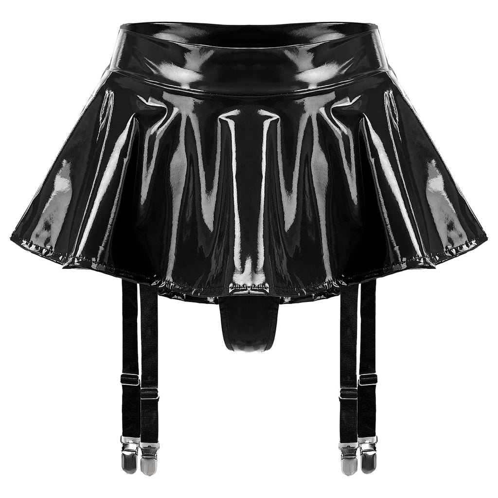 Lingerie Sexy Set Women Wetlook Patent Leather Wire-free Open Cup Sexy Bra with Ruffle Built-in Thongs Garter Belt Mini Skirts