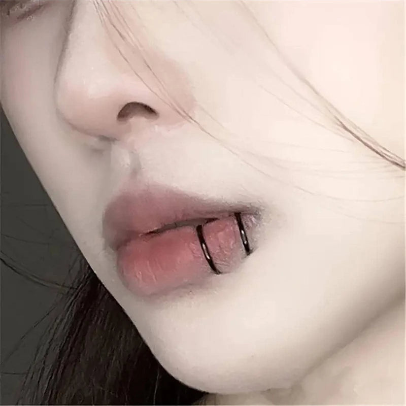 Punk Stainless Steel Black Non Pierced Lip Ring Hollow Double Layer Lip Cuff Faux Body Piercing Jewelry