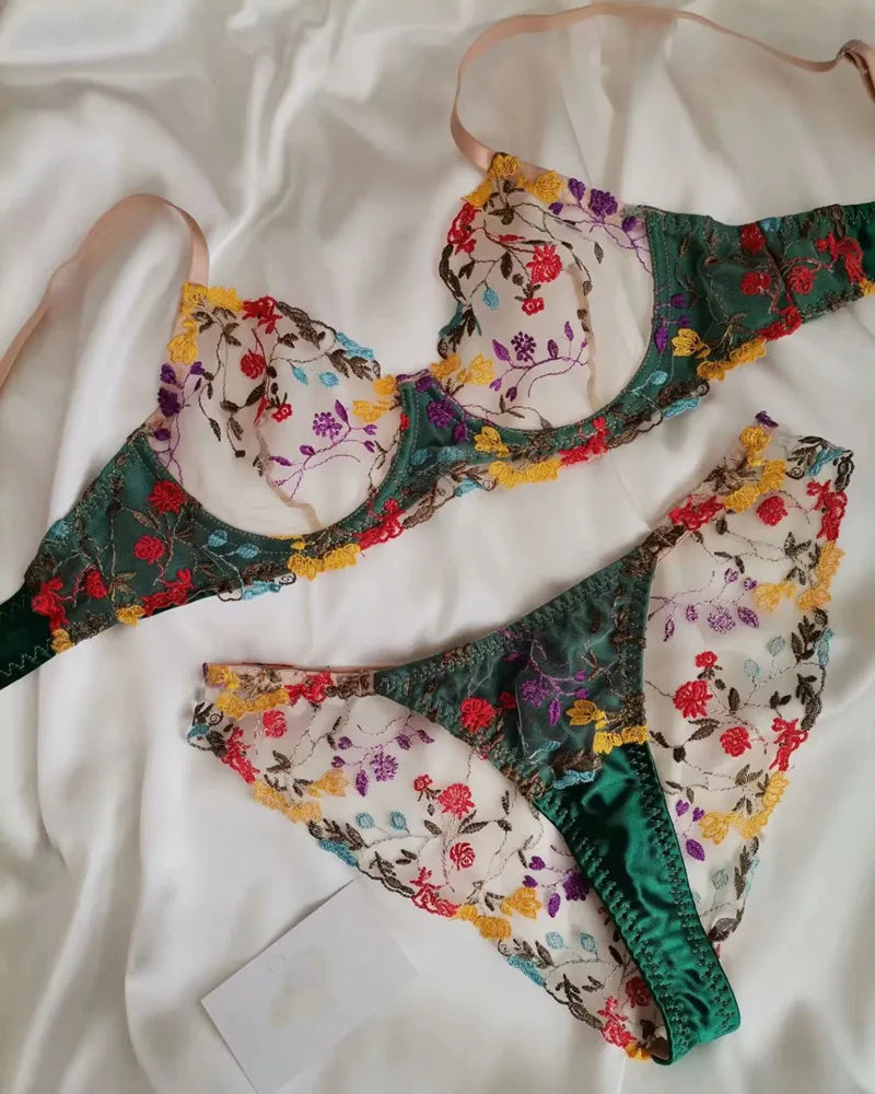 Women Bra and Briefs Sets Lace Flower Embroidery Sexy Perspective Underwire Erotic Lingerie Panty Two-Piece Underwear Set 2026