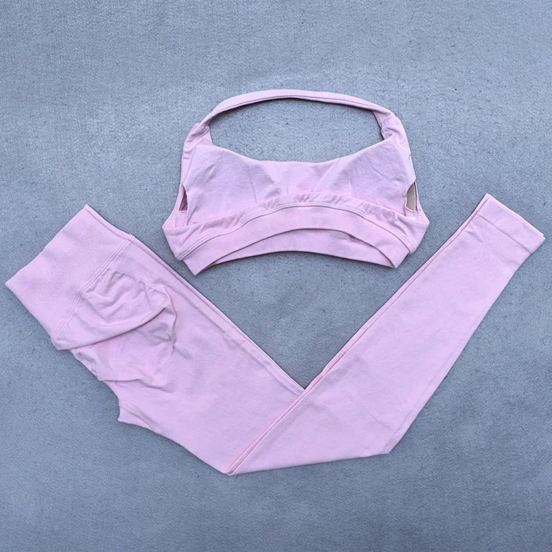 Gym Set 2pcs Women Backless Yoga Bra Top Workout Scrunch Pants Sports Suit Fitness Clothes Seamless Outfits Yoga Leggings