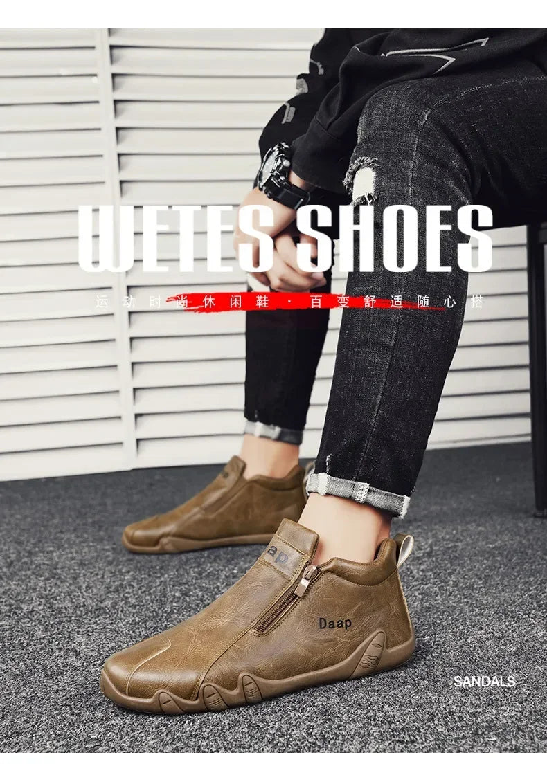 Men's Leather Shoes Ankle Boots Casual Leather Loafers Zipper Comfortable Formal Flat Solid Color White Shoes Driving Moccasins