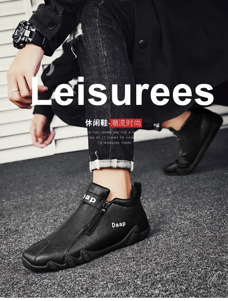 Men's Leather Shoes Ankle Boots Casual Leather Loafers Zipper Comfortable Formal Flat Solid Color White Shoes Driving Moccasins