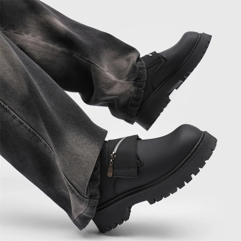 Men's Leather Shoes:Chunky-Soled Zipper Derby Shoes-Style Wide-Toe Casual Loafers#Business British Formal Luxury Black Driving46