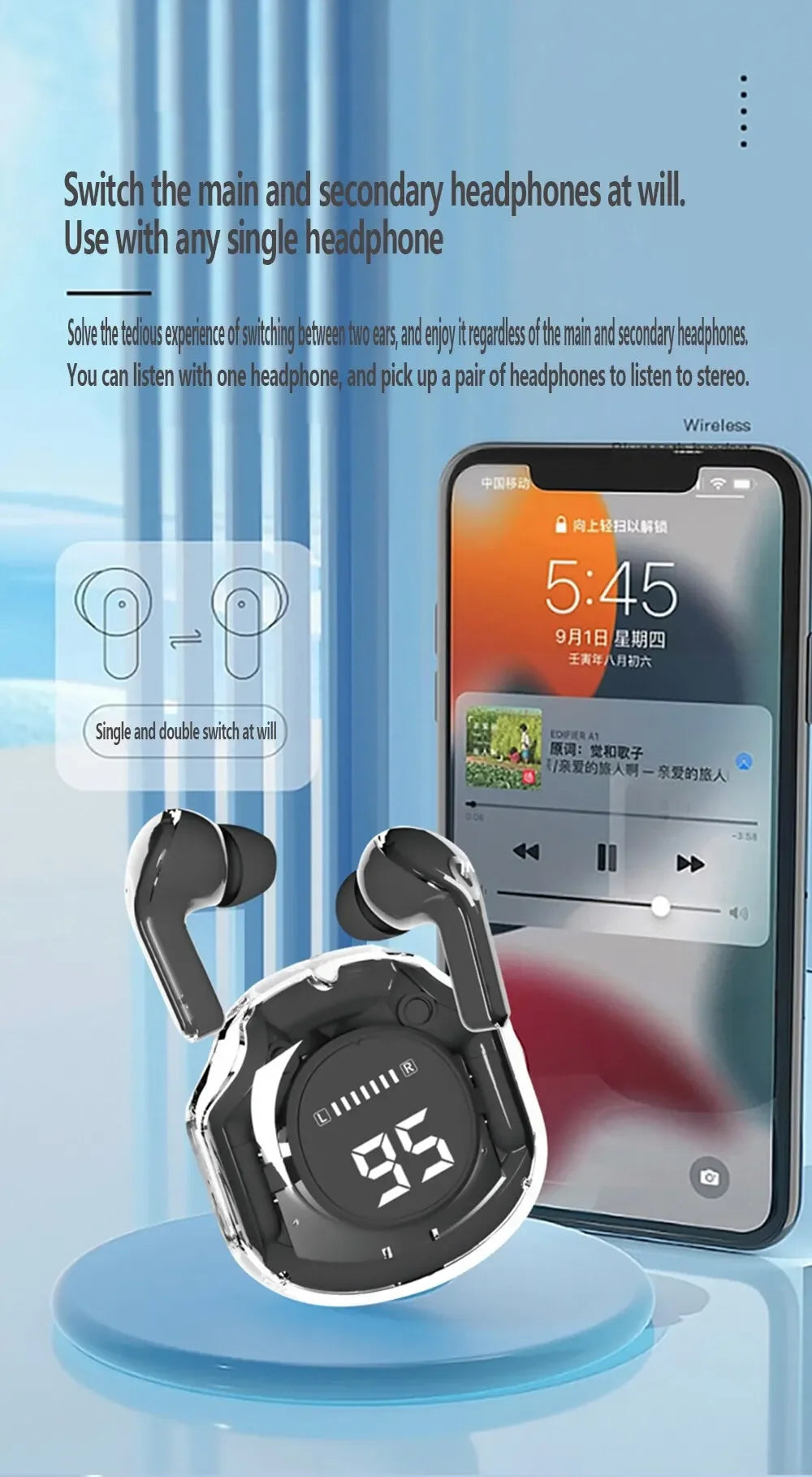 Wireless Bluetooth Earphones Noise Reduction Bluetooth Headphone  Headset Transparent Shell Waterproof Gaming Earphones