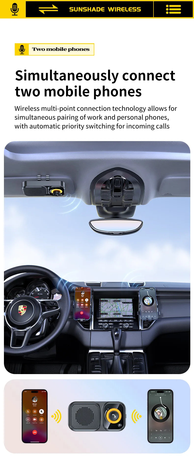 Bluetooth 5.4 Speaker Handsfree Car Kit Sun Visor Clip Wireless Audio Receiver Speakerphone Loud Music Player with Ambient Light