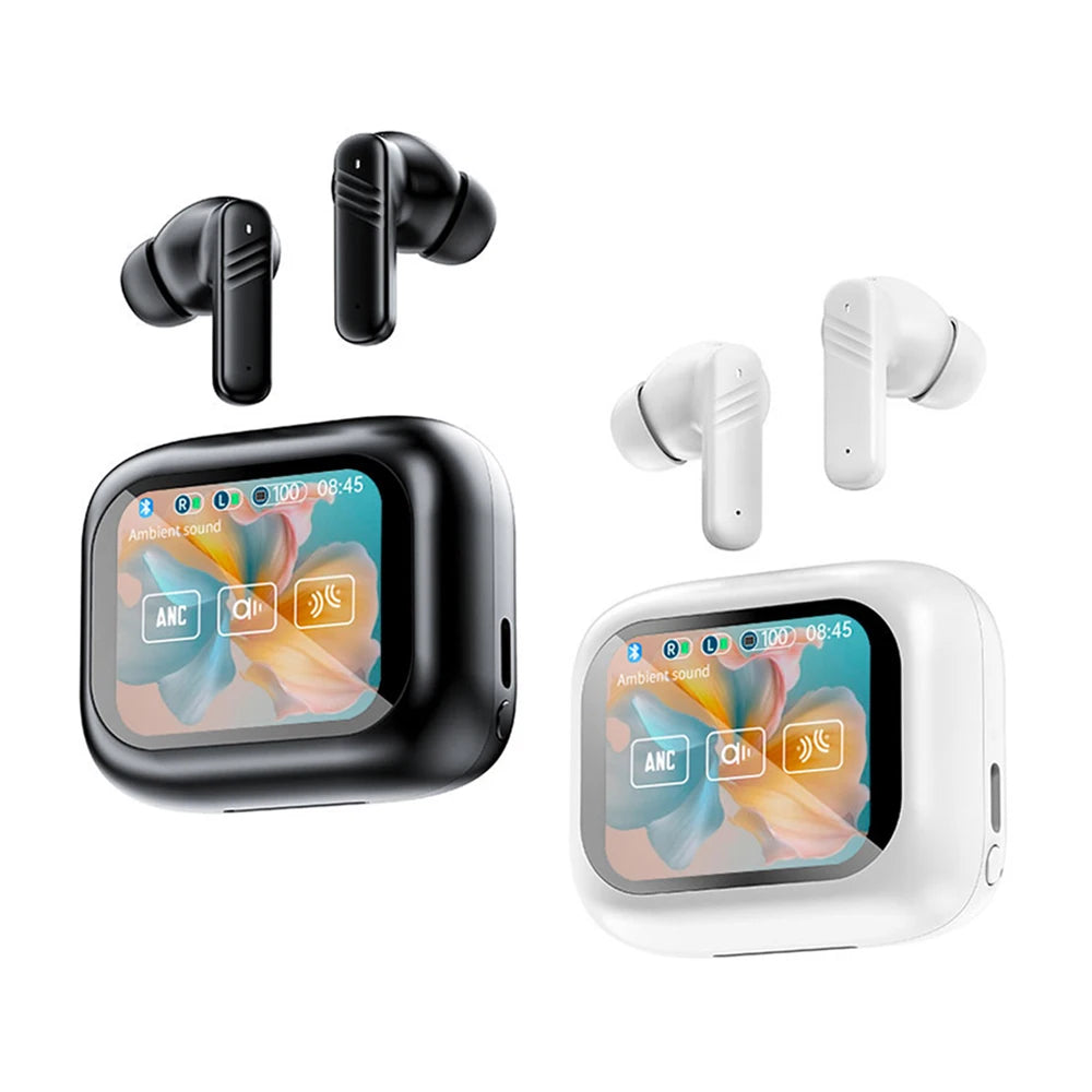 Bluetooth 5.4 ANC Headset Color Screen Touch Active Noise Cancellation Earbuds HIFI Stereo Sports Waterproof Earphones