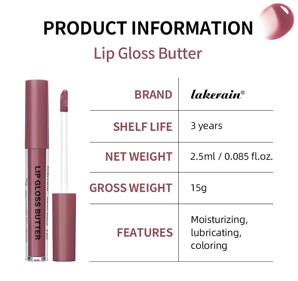 Lakerain Lip Gloss Butter  Long Lasting Non-stick  Beauty Waterproof Lip Stain Makeup Plumping Hydrating Lip Gloss Cosmetics