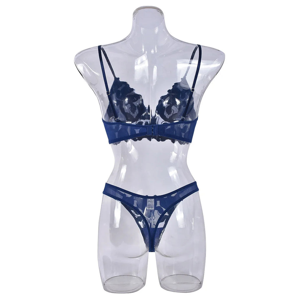 Sexy French Deep V Embroidery Mesh Lingerie Set Autumn Women's Ultra-thin Lace Bra and Panty Set Female Solid See Though Bra
