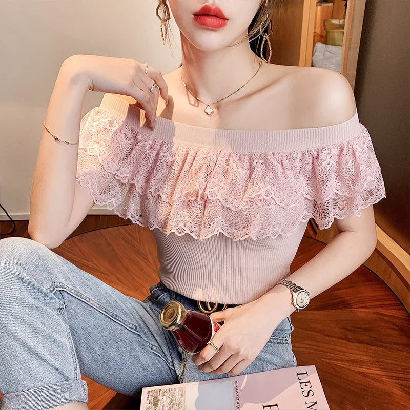 Sexy Ladies Tops Summer Blouse for Women 2024 Blusas Mujer De Moda Patchwork Lace Ruffles Blouses Tunic Sweet Knitted Shirts