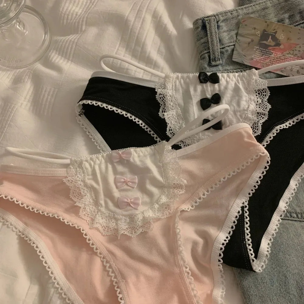 Lingerie Bow Lace Flower Panties Transparent Mid Waist French Style Briefs Seamless Hollow Women Underwear Girl