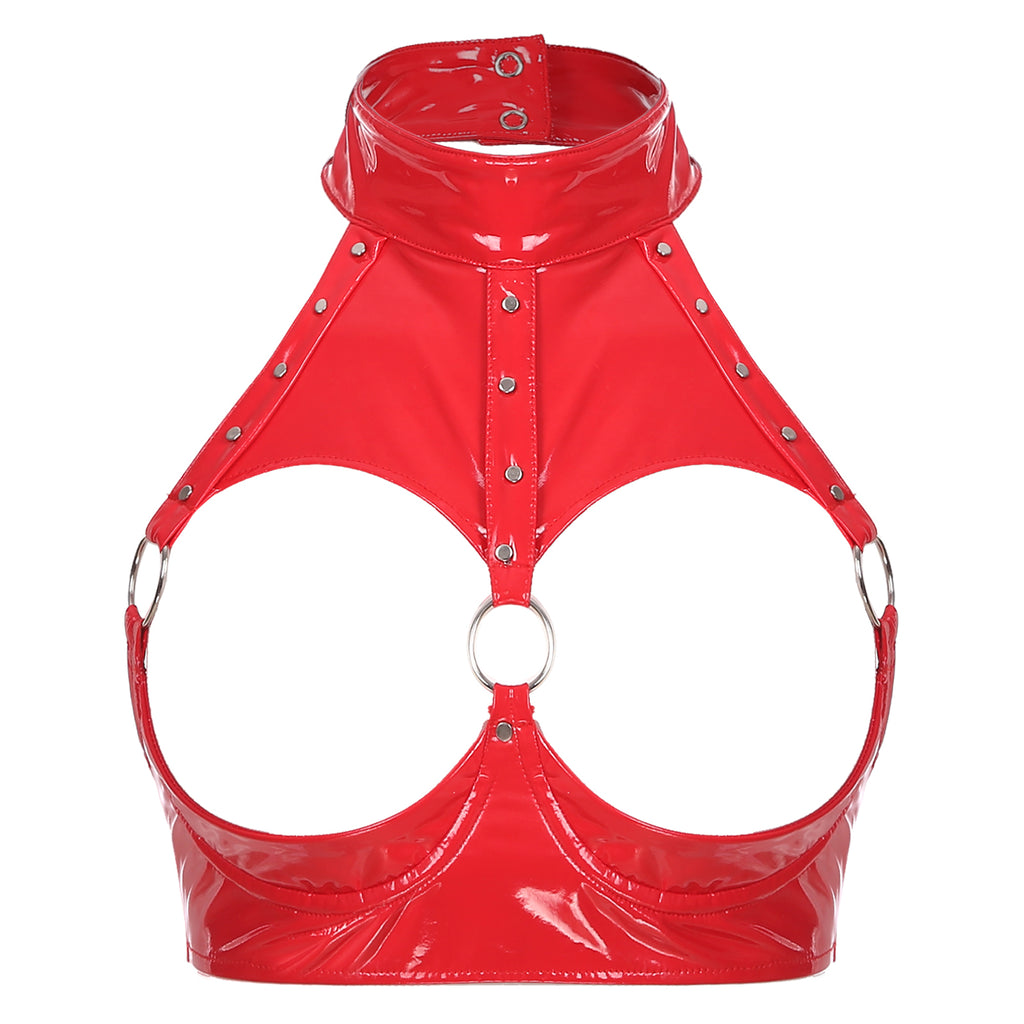 Lingerie Sexy Set Women Wetlook Patent Leather Wire-free Open Cup Sexy Bra with Ruffle Built-in Thongs Garter Belt Mini Skirts