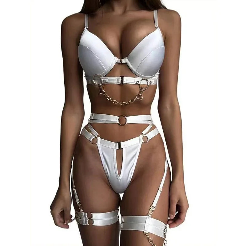 Women Lingerie Sexy Porn Underwear Halter Bra And Panty Set Luxury Garter 3 Pieces With Chain Lady Erotic Sets Sexy Outfit