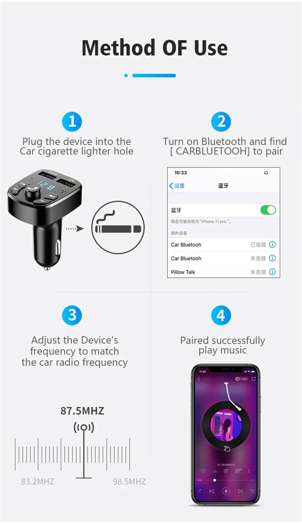 Bluetooth 5.0 Car Bluetooth Audio MP3 Player 3.1A Fast Charging Dual USB Car Charger Adapters Bluetooth FM Transmitter Receiver