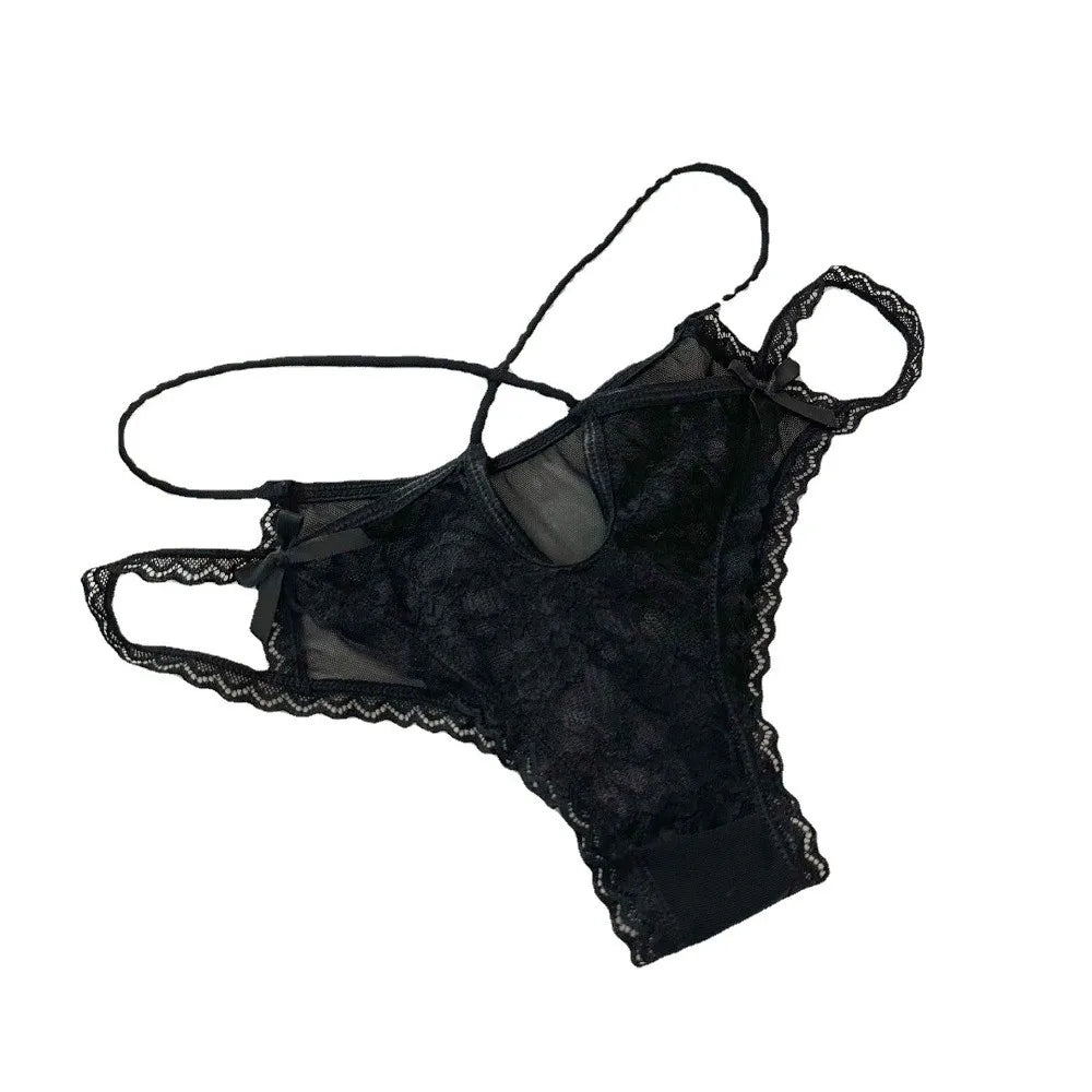 Lingerie Bow Lace Flower Panties Transparent Hollow Lace Mesh Briefs Low Waist Thin Strap Women Underwear Girl