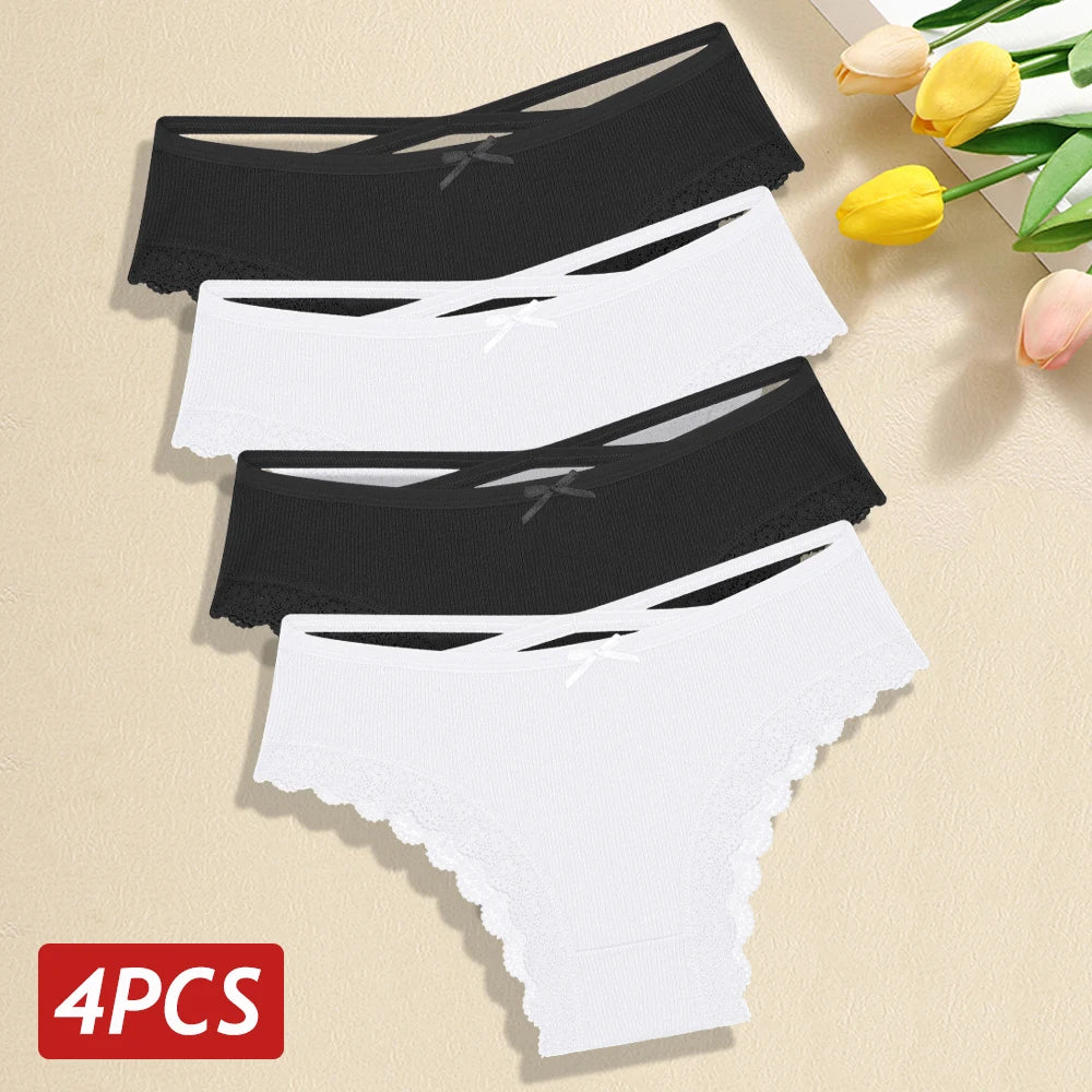 4PCS/Set Women Cotton Panties Sexy Lace Braizlian Panties Low Rise Hollow Out Underwear for Female Cute Bow Breathable Lingerie
