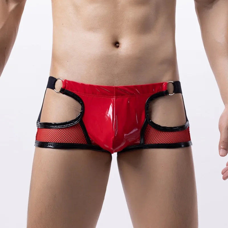 Lingerie Men Briefs Thong G-string String Homme PU Leather Mesh Patchwork Latex Panties Jockstrap Exotic Open Butt Gay Boxers