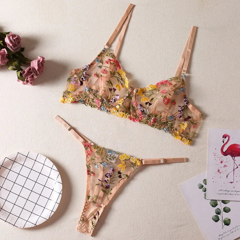 Women Bra and Briefs Sets Lace Flower Embroidery Sexy Perspective Underwire Erotic Lingerie Panty Two-Piece Underwear Set 2026