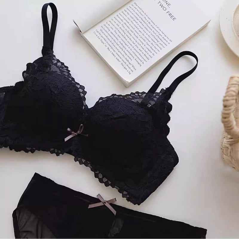 Women's Japanese Style Bra & Panty Set Luxury Lace Push Up Small Bust Support Adjustable Comfort No Gap Wirefree Free Shipping
