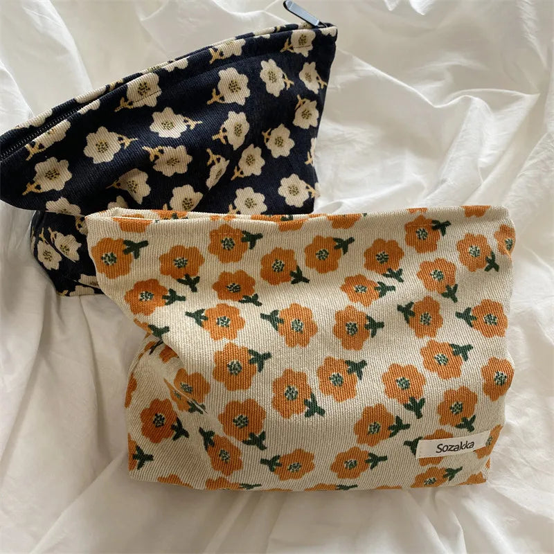 Cosmetic Bag Women Floral Makeup Case Organizer Korean Embroidery Cosmetic Pouch Travel Toiletry Bag Corduroy Canvas Beauty Case