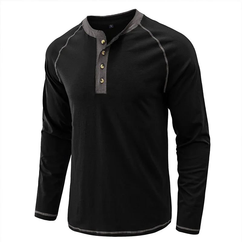 Summer  Autumn Men's American Heavy Cotton Henry Shirt  Long Sleeve Fitness Tough Guy T-Shirt Casual  T Shirt for Men Clothing