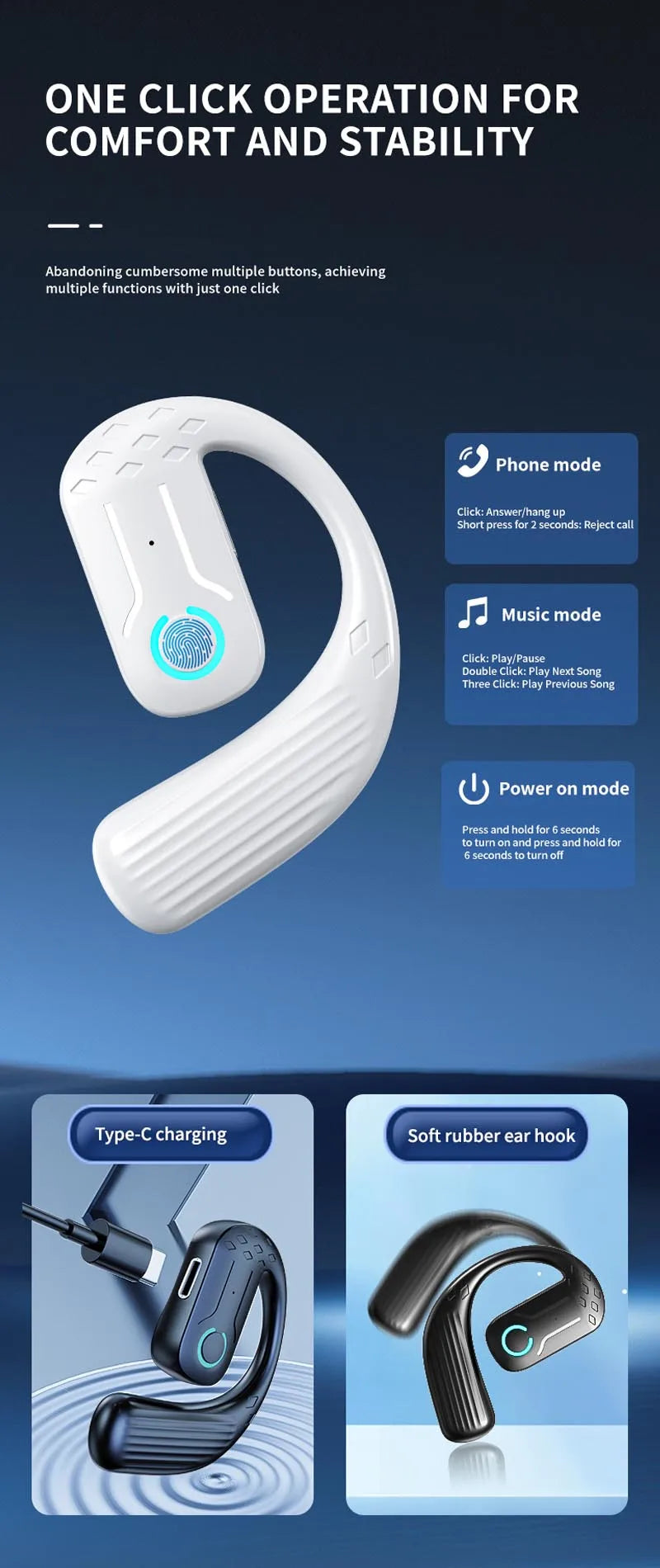 Bluetooth 5.2 Business Earphone Wireless Single Headphone with Mic Mini Ear Hook HiFi Stereo Music Earbud for Cellphone Car Call