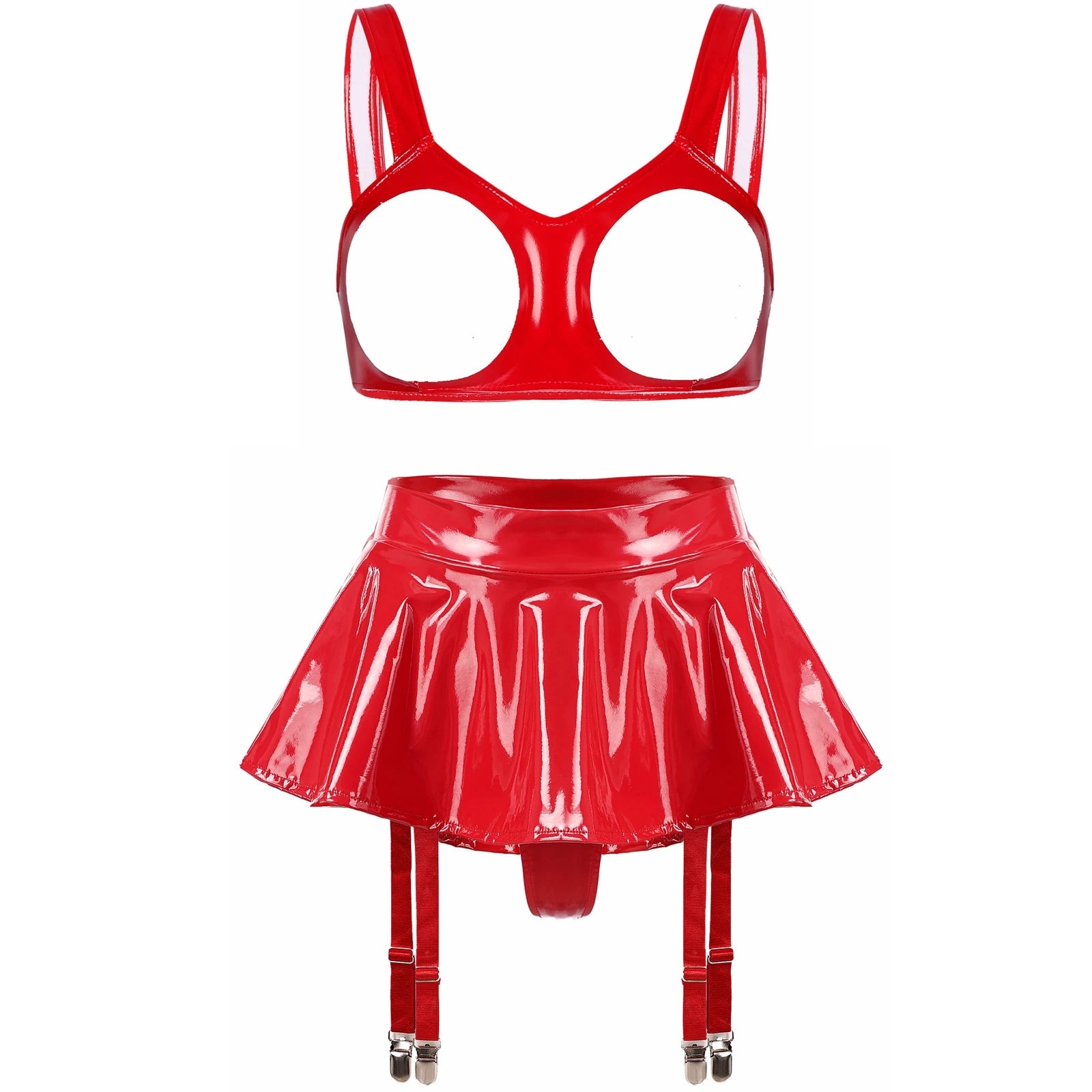 Lingerie Sexy Set Women Wetlook Patent Leather Wire-free Open Cup Sexy Bra with Ruffle Built-in Thongs Garter Belt Mini Skirts