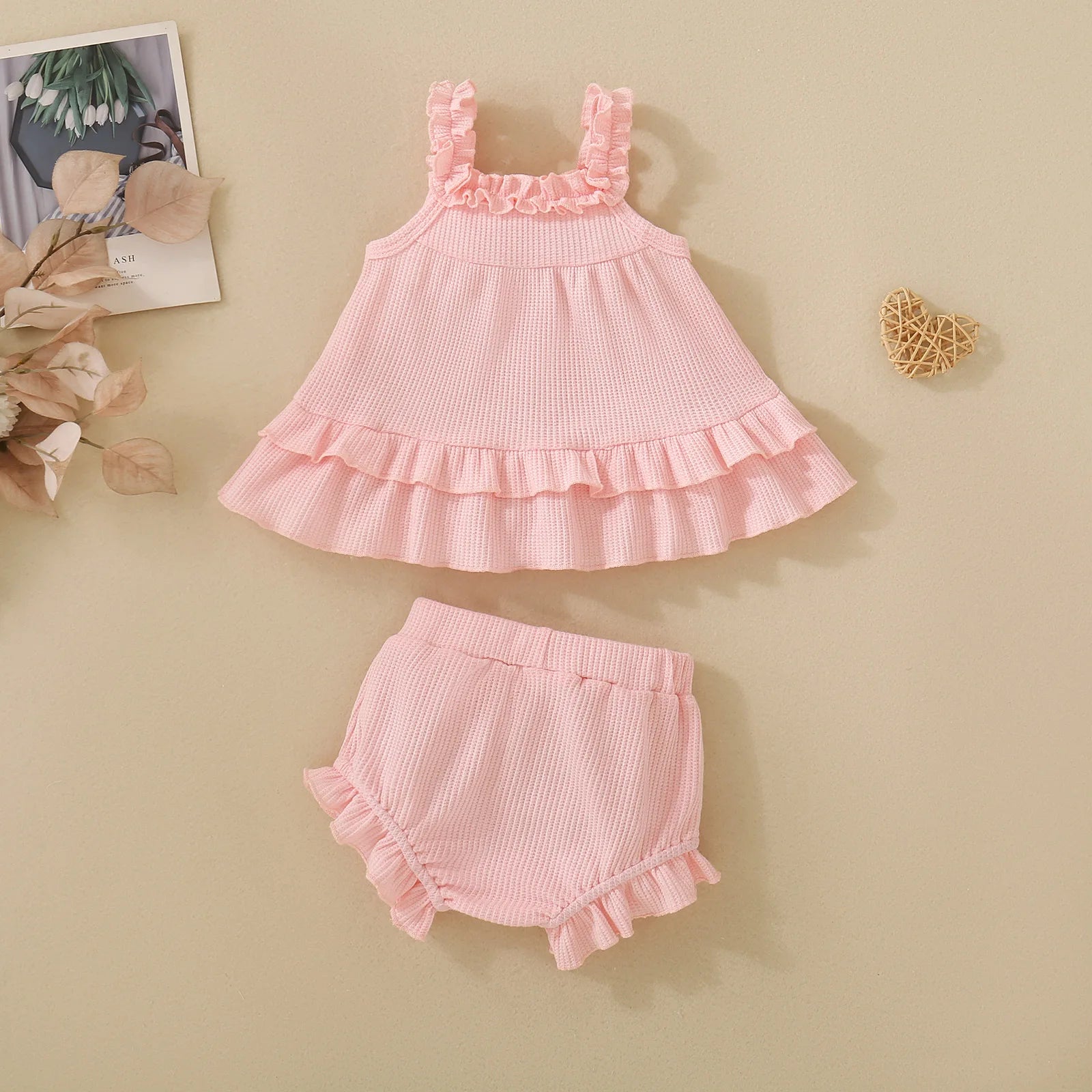 Summer baby girl summer dress pink ruffle halter with diaper pants and pink headgear three-piece set