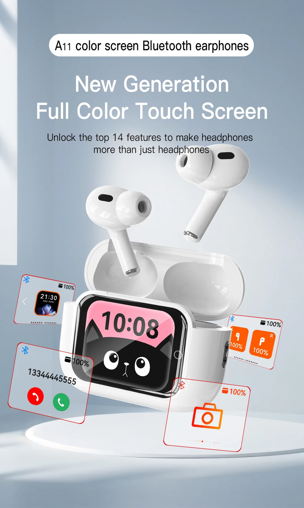Wireless Earphones With Bluetooth 5.3 In-Ear Headphones Intelligent Noise Reduction Long Battery Life LED Color Screen Display