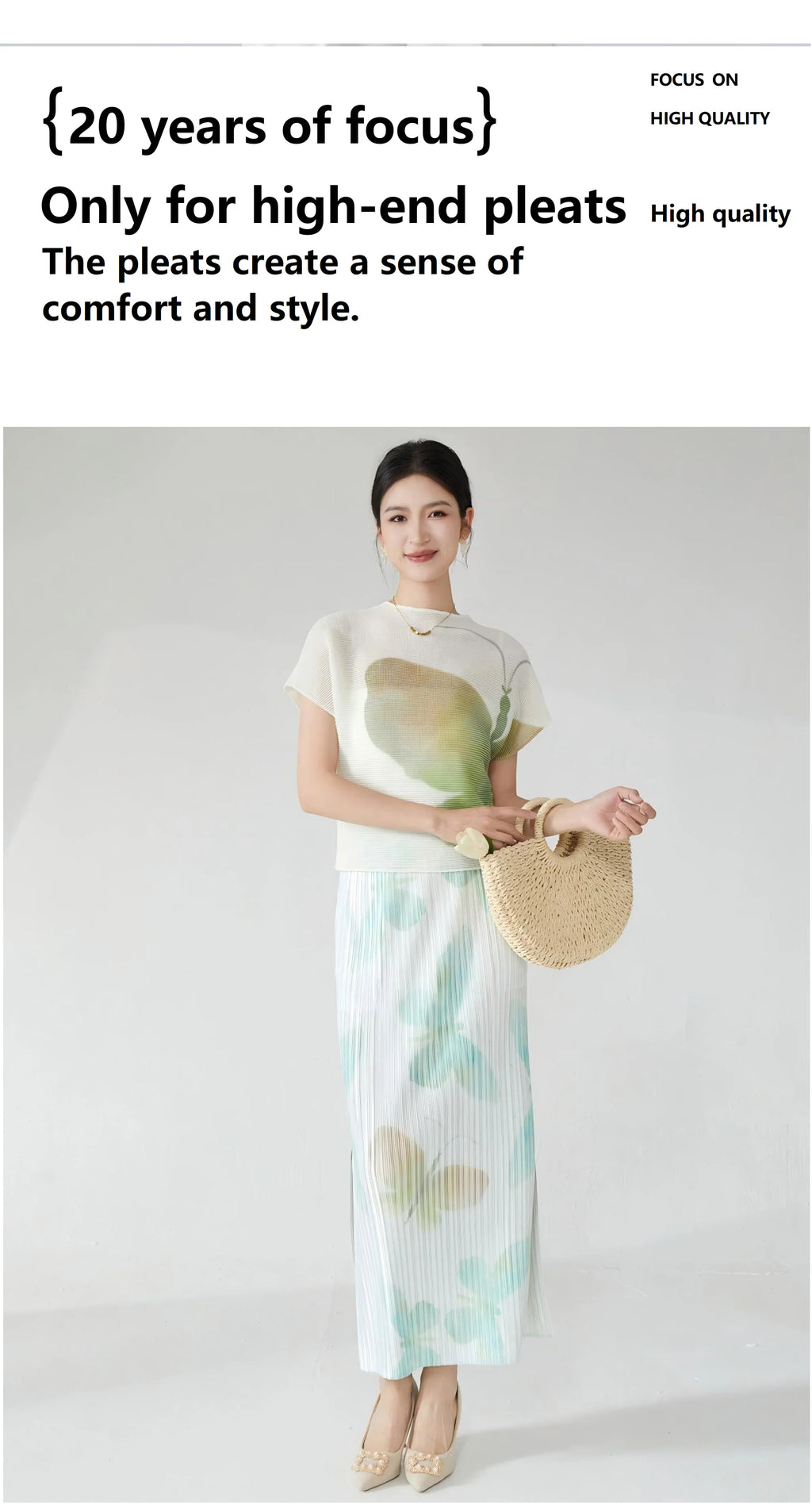 Summer women's outfit: a stylish two-piece set including a short-sleeved T-shirt and a pleated midi skirt with a slit.