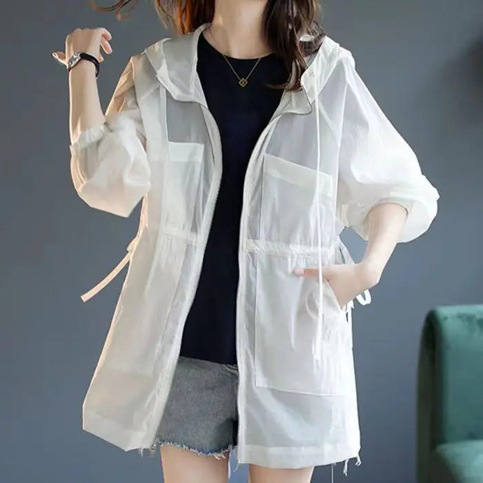 Summer Sunscreen For Women 2025 New Drawstring Waist Mid-length Thin Windbreaker UV Protection Cardigan Lightweight Trench Coat