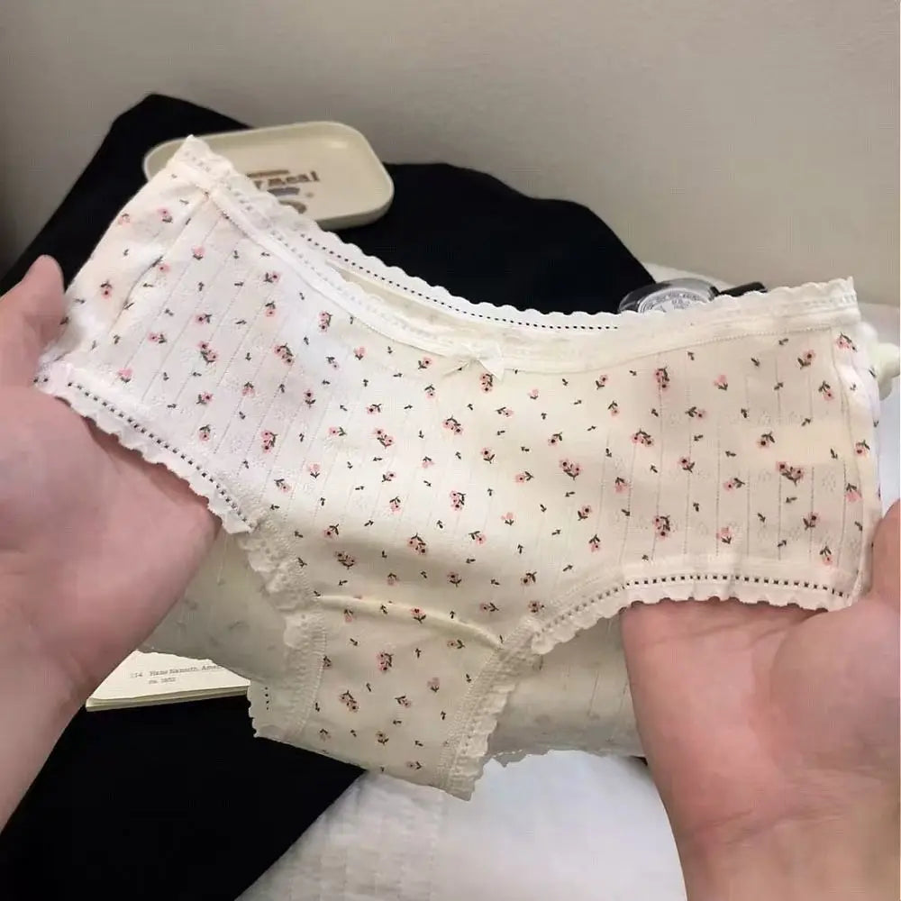 Lingerie Mid-waist Underwear for Women Bear Grid Sweet Floral Panties Underpants Bow Cotton Briefs Lady
