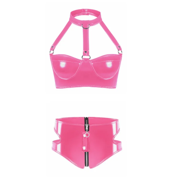 Womens Lingerie Intimates Underwear Set Rave Wet Look Patent Leather Wire-free No Padded Belly Bra Top with Zipper Panty Briefs