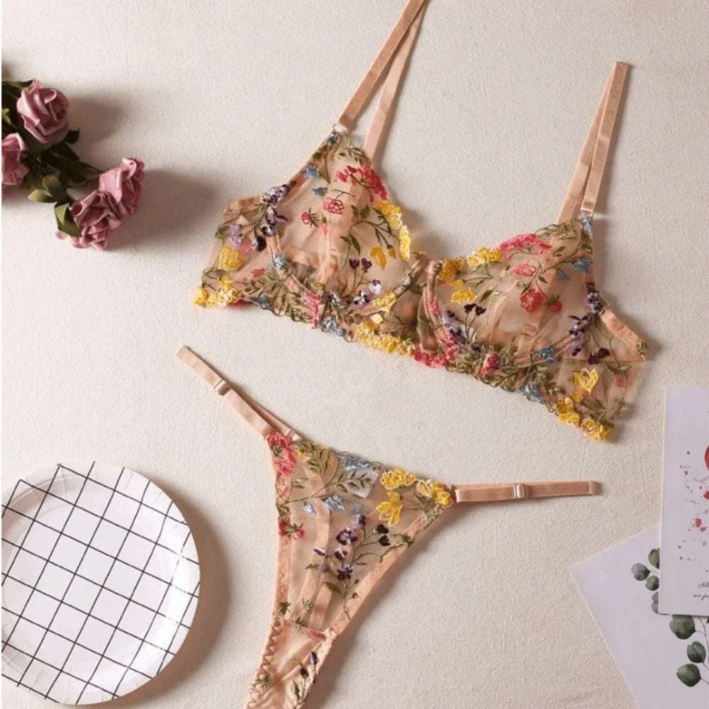 2-Piece Versatile Floral Lingerie Set Embroidery Sheer Boho Bra Panty Set Intimates