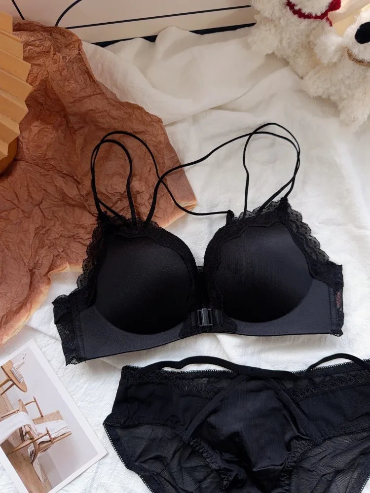 Hot Sale Front Closure Leopard Push Up Bra Set for Women, Backless Small Chest Lift Comfortable Underwear Set