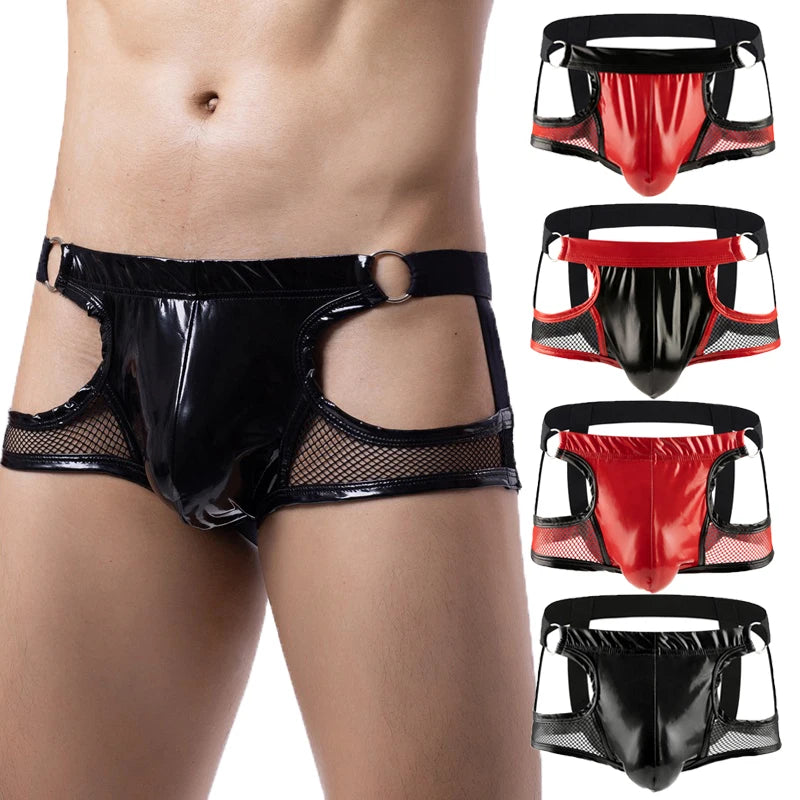 Lingerie Men Briefs Thong G-string String Homme PU Leather Mesh Patchwork Latex Panties Jockstrap Exotic Open Butt Gay Boxers